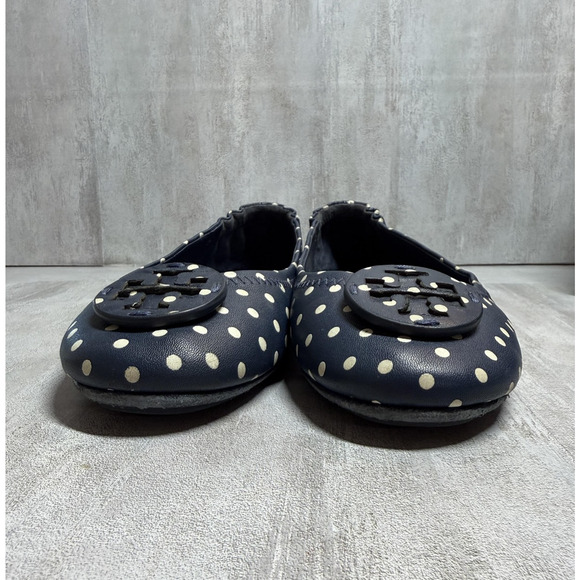 Tory Burch Ballet Flats Womens 7 Navy Polka Dot Leather Logo Round Toe Slip On - Picture 2 of 14